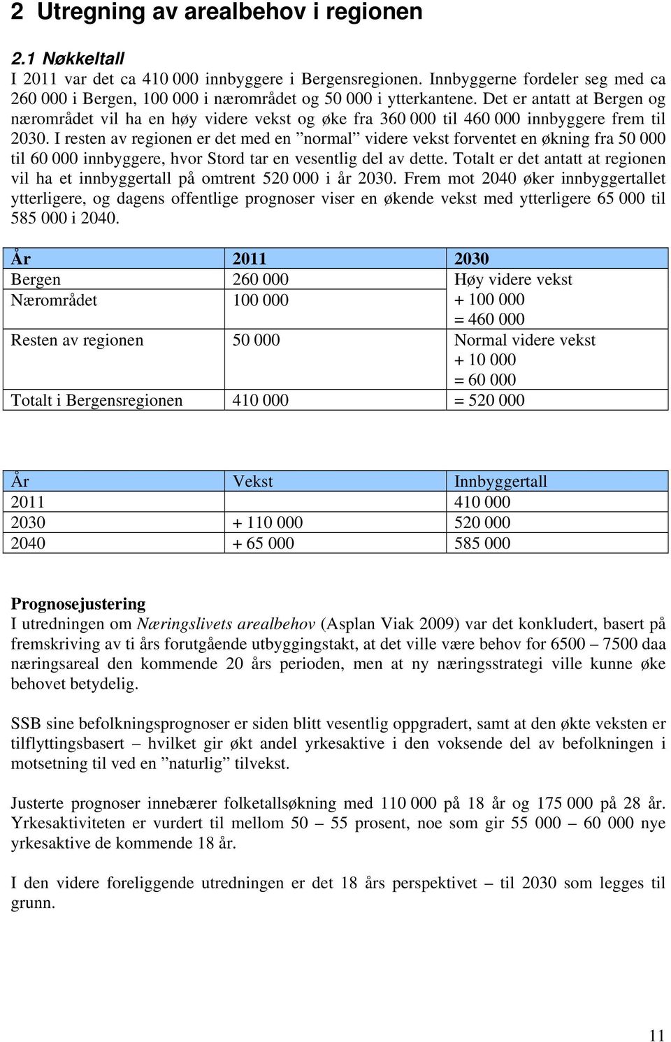 Det er antatt at Bergen og nærområdet vil ha en høy videre vekst og øke fra 360 000 til 460 000 innbyggere frem til 2030.