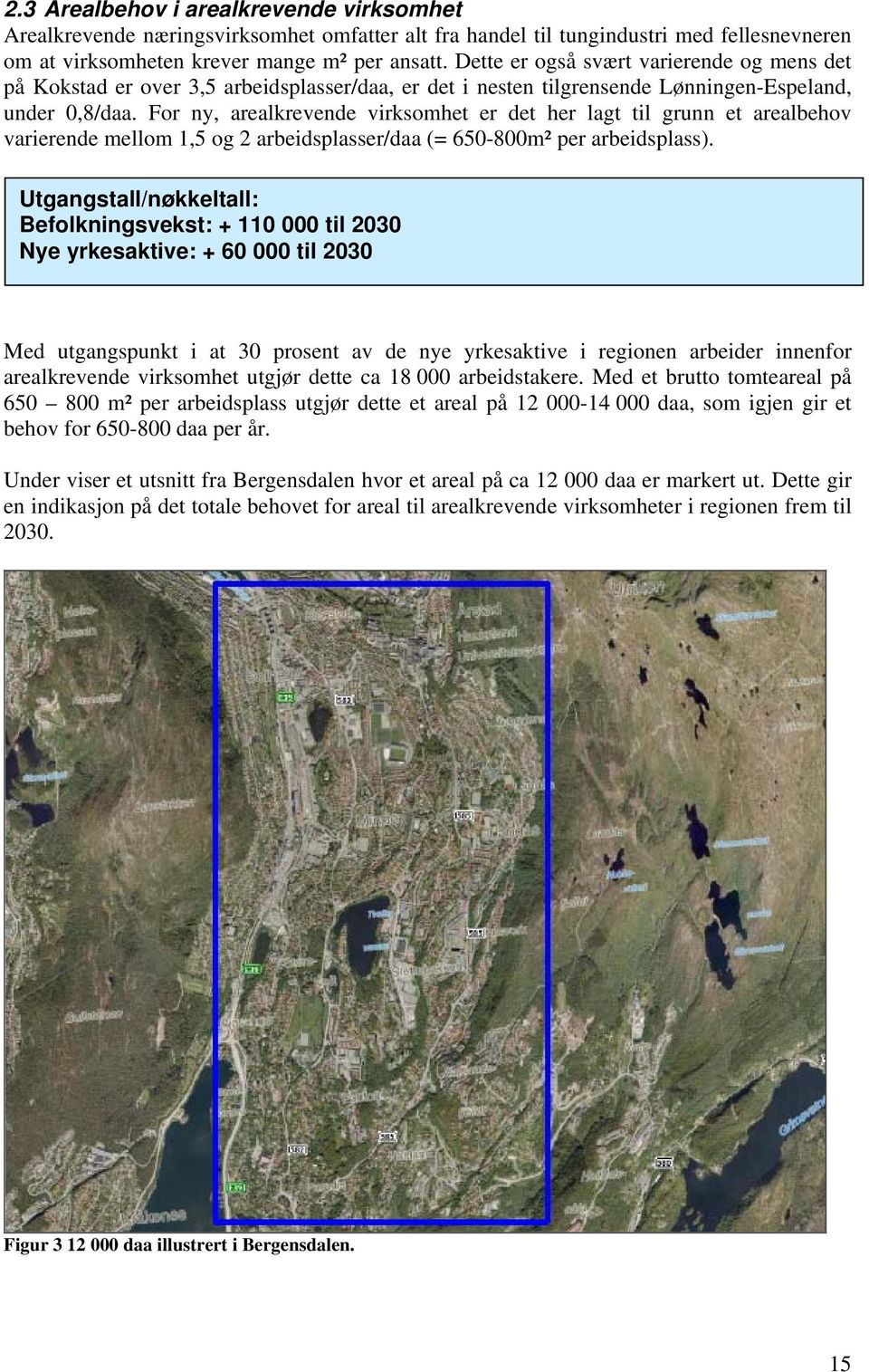 For ny, arealkrevende virksomhet er det her lagt til grunn et arealbehov varierende mellom 1,5 og 2 arbeidsplasser/daa (= 650-800m² per arbeidsplass).