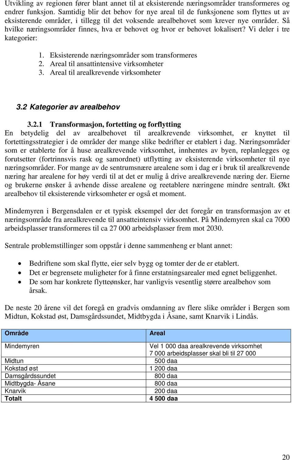 Så hvilke næringsområder finnes, hva er behovet og hvor er behovet lokalisert? Vi deler i tre kategorier: 1. Eksisterende næringsområder som transformeres 2. Areal til ansattintensive virksomheter 3.