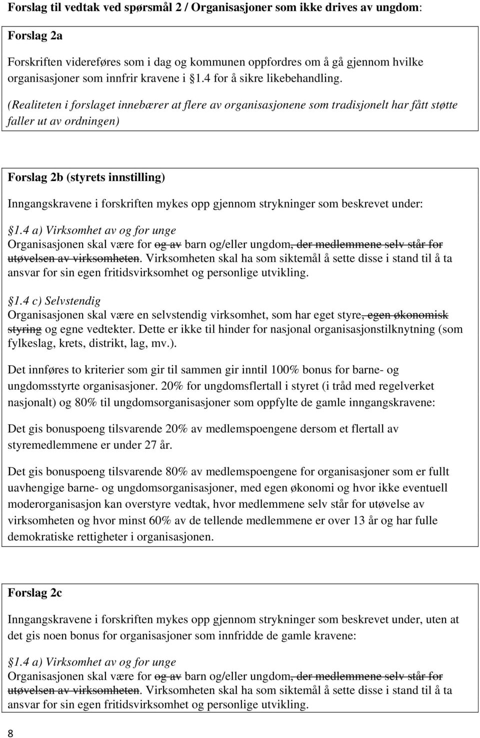 (Realiteten i forslaget innebærer at flere av organisasjonene som tradisjonelt har fått støtte faller ut av ordningen) Forslag 2b (styrets innstilling) Inngangskravene i forskriften mykes opp gjennom