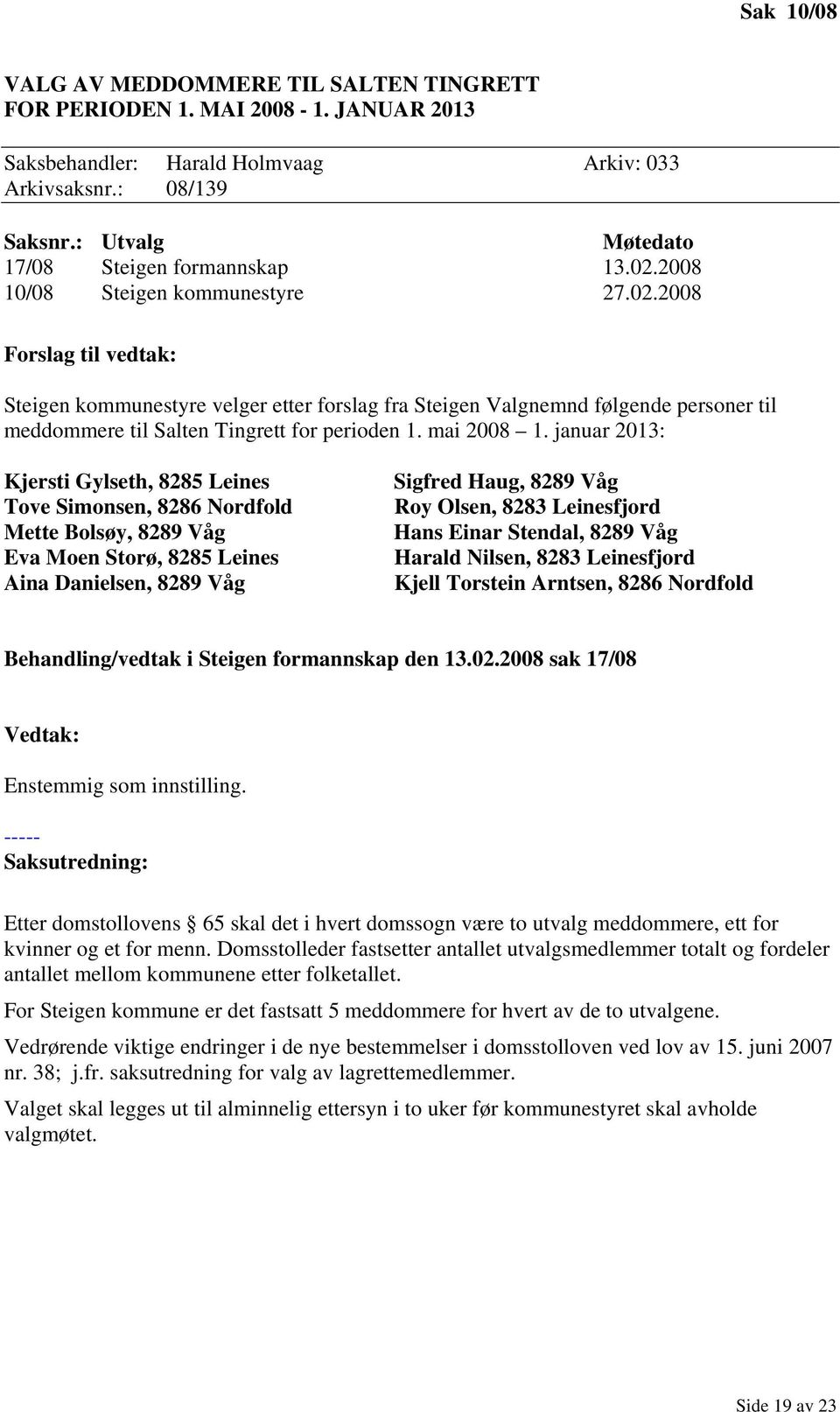 januar 2013: Kjersti Gylseth, 8285 Leines Tove Simonsen, 8286 Nordfold Mette Bolsøy, 8289 Våg Eva Moen Storø, 8285 Leines Aina Danielsen, 8289 Våg Sigfred Haug, 8289 Våg Roy Olsen, 8283 Leinesfjord