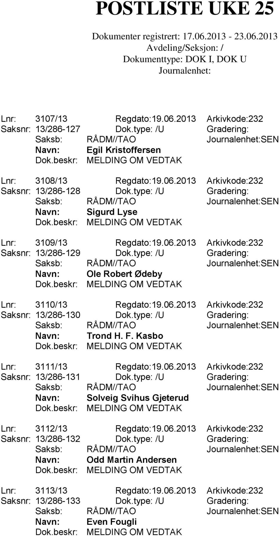 type: /U Gradering: Navn: Trond H. F. Kasbo Lnr: 3111/13 Regdato:19.06.2013 Arkivkode:232 Saksnr: 13/286-131 Dok.type: /U Gradering: Navn: Solveig Svihus Gjeterud Lnr: 3112/13 Regdato:19.06.2013 Arkivkode:232 Saksnr: 13/286-132 Dok.