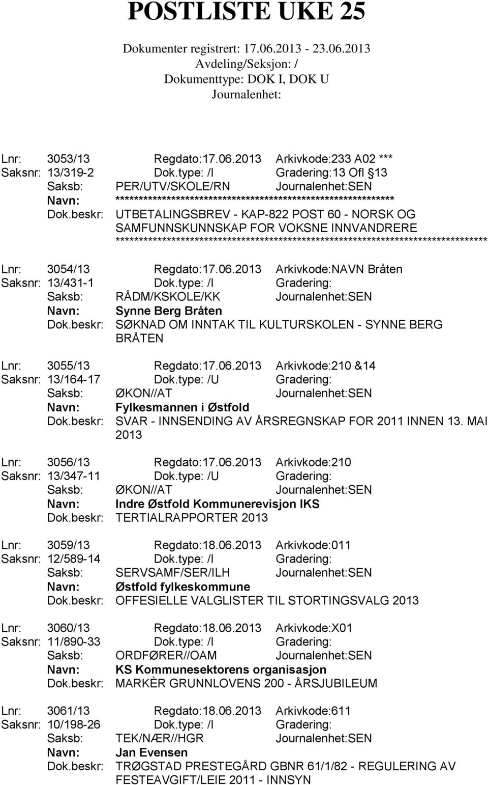 type: /I Gradering: Saksb: RÅDM/KSKOLE/KK SEN Navn: Synne Berg Bråten Dok.beskr: SØKNAD OM INNTAK TIL KULTURSKOLEN - SYNNE BERG BRÅTEN Lnr: 3055/13 Regdato:17.06.