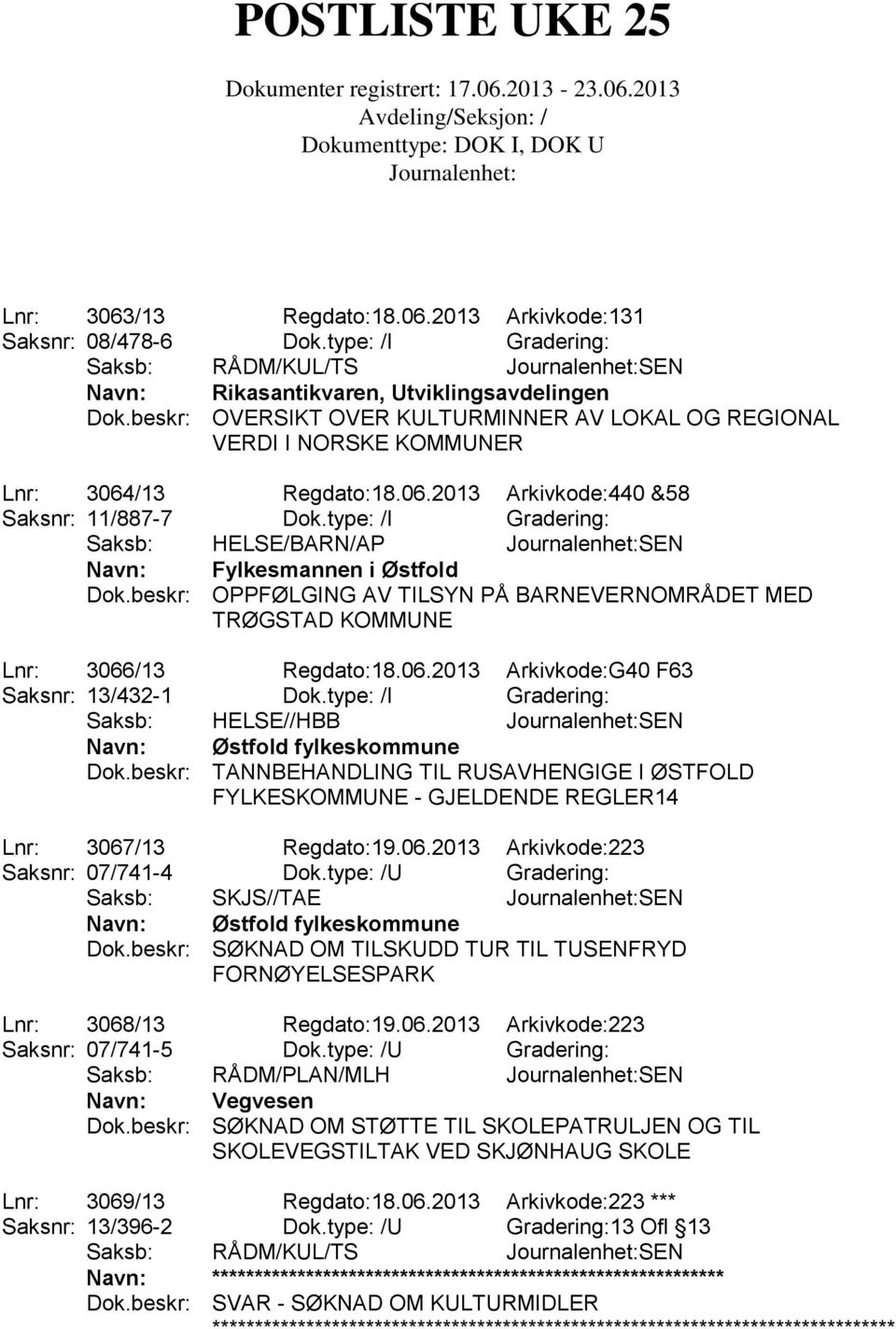 type: /I Gradering: Saksb: HELSE/BARN/AP SEN Navn: Fylkesmannen i Østfold Dok.beskr: OPPFØLGING AV TILSYN PÅ BARNEVERNOMRÅDET MED TRØGSTAD KOMMUNE Lnr: 3066/13 Regdato:18.06.2013 Arkivkode:G40 F63 Saksnr: 13/432-1 Dok.