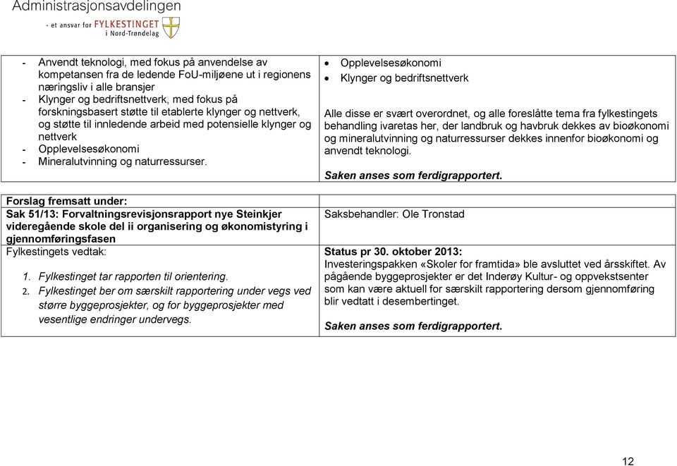 Sak 51/13: Forvaltningsrevisjonsrapport nye Steinkjer videregående skole del ii organisering og økonomistyring i gjennomføringsfasen Fylkestingets vedtak: 1.