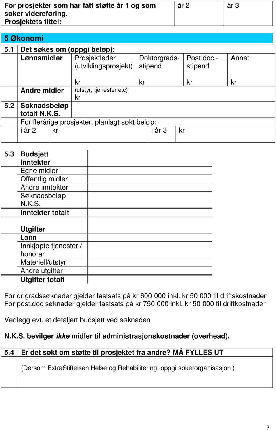 knadsbeløp totalt N.K.S. For flerårige prosjekter, planlagt søkt beløp: i år 2 i år 3 5.3 Budsjett Inntekter Egne midler Offentlig midler Andre inntekter Søknadsbeløp N.K.S. Inntekter totalt Utgifter Lønn Innkjøpte tjenester / honorar Materiell/utstyr Andre utgifter Utgifter totalt For dr.