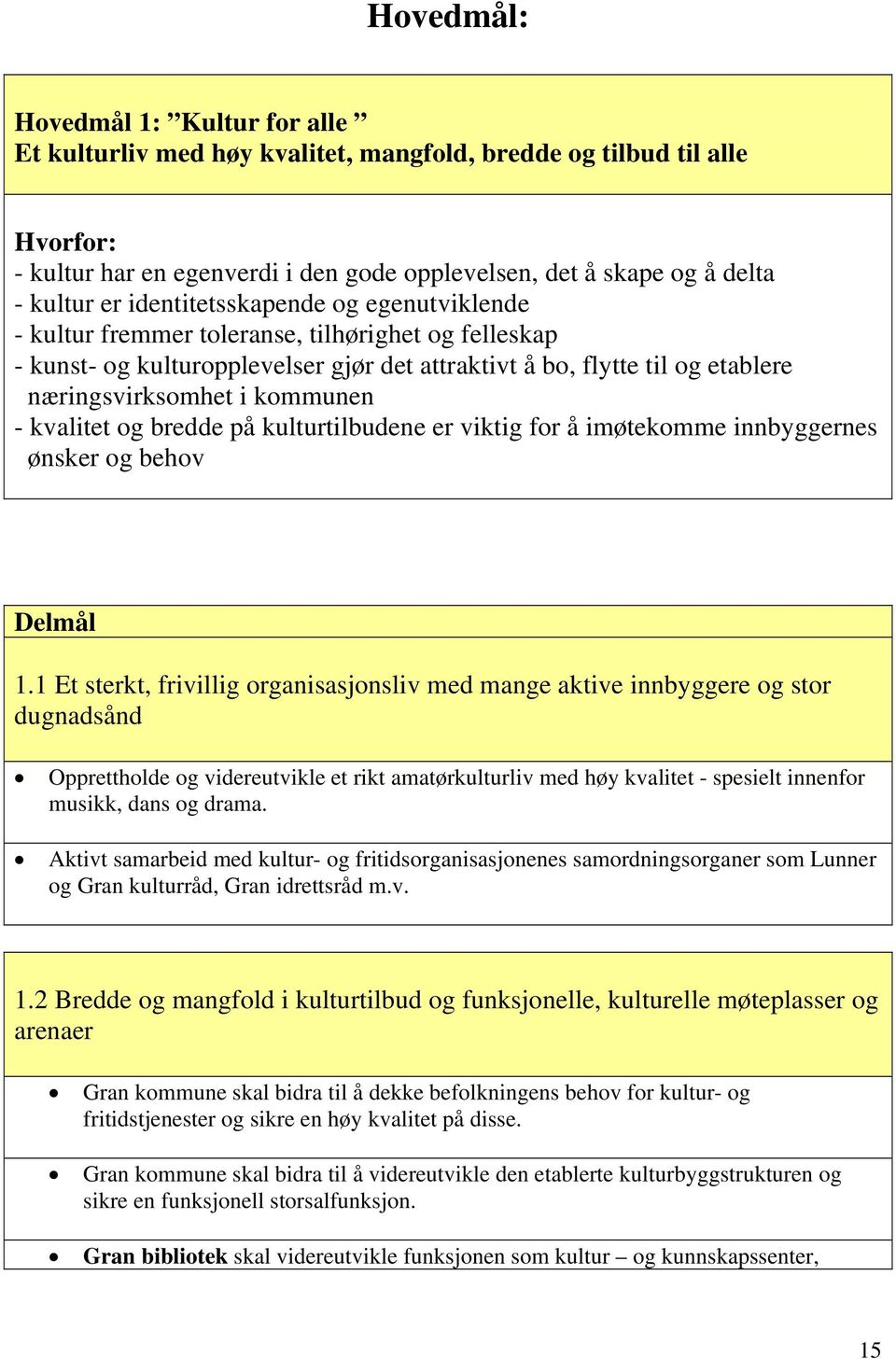 kvalitet og bredde på kulturtilbudene er viktig for å imøtekomme innbyggernes ønsker og behov Delmål 1.