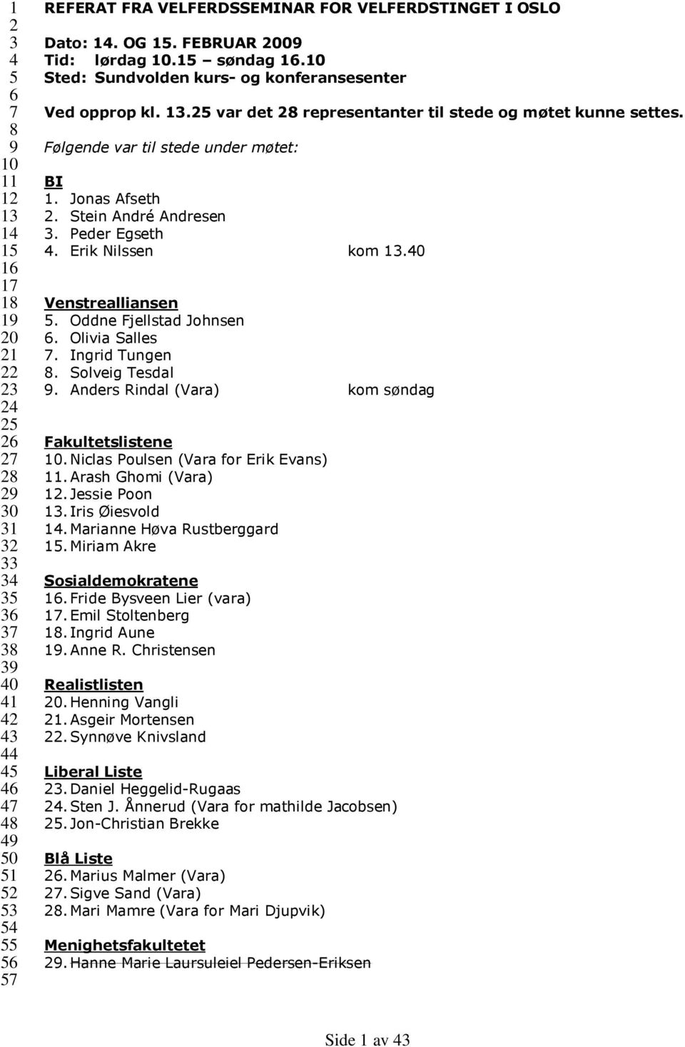 25 var det 28 representanter til stede og møtet kunne settes. Følgende var til stede under møtet: BI 1. Jonas Afseth 2. Stein André Andresen 3. Peder Egseth 4. Erik Nilssen kom 13.