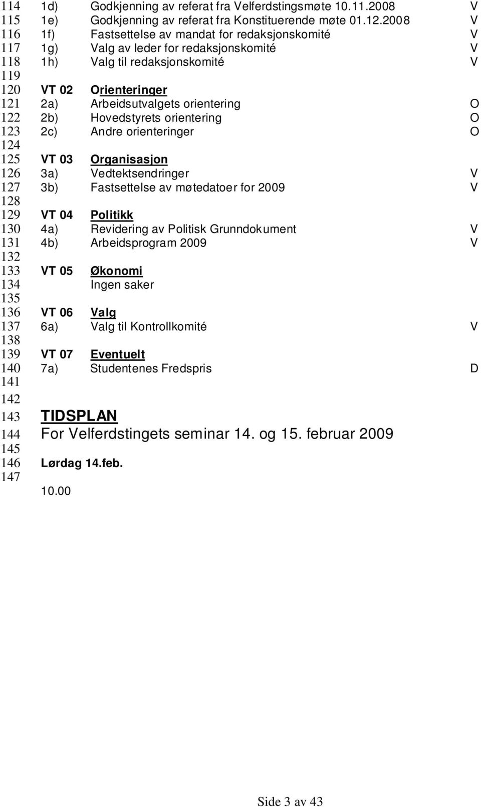 2008 V 1f) Fastsettelse av mandat for redaksjonskomité V 1g) Valg av leder for redaksjonskomité V 1h) Valg til redaksjonskomité V VT 02 Orienteringer 2a) Arbeidsutvalgets orientering O 2b)