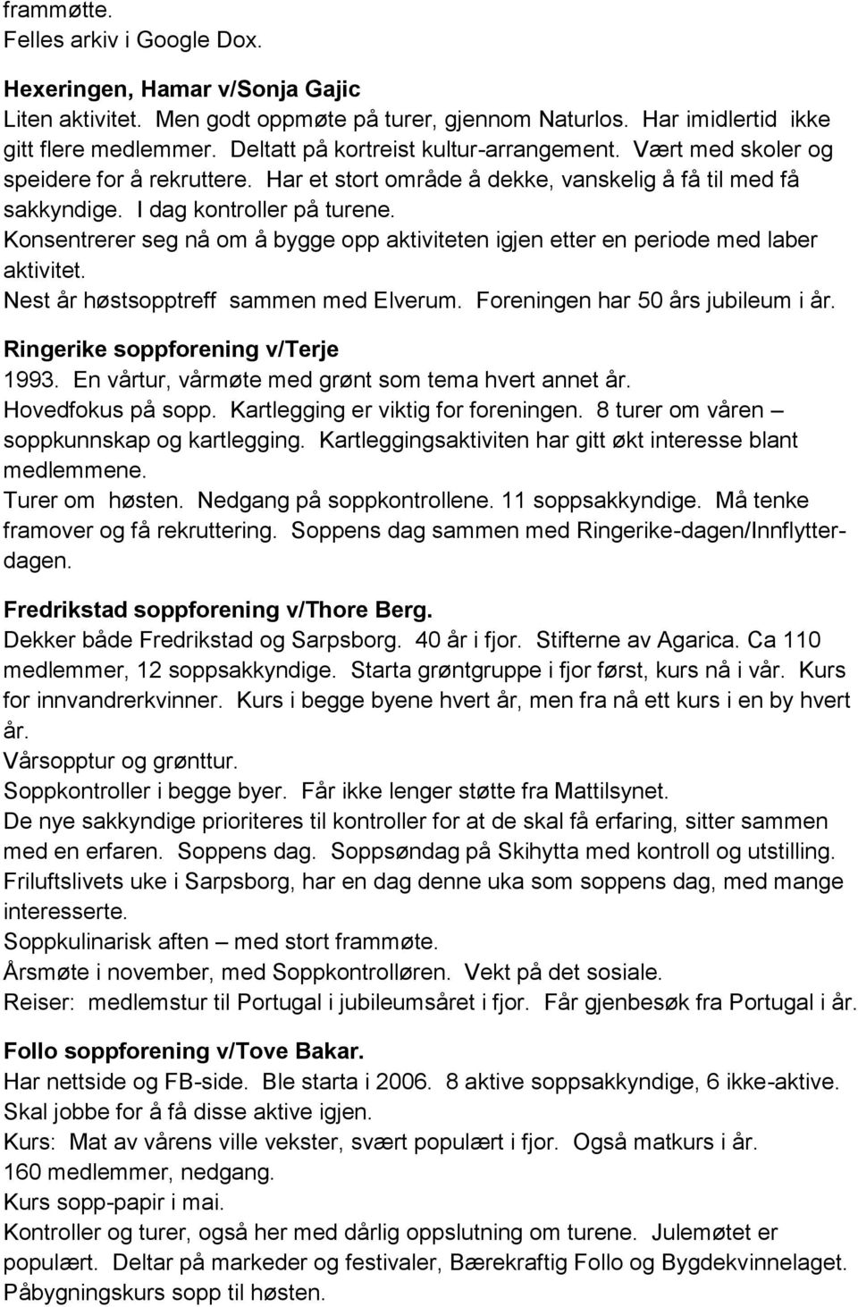 Konsentrerer seg nå om å bygge opp aktiviteten igjen etter en periode med laber aktivitet. Nest år høstsopptreff sammen med Elverum. Foreningen har 50 års jubileum i år.