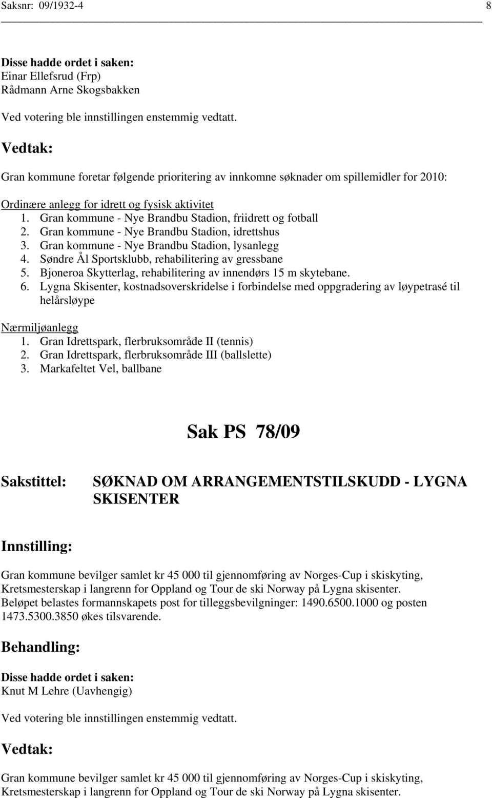 Søndre Ål Sportsklubb, rehabilitering av gressbane 5. Bjoneroa Skytterlag, rehabilitering av innendørs 15 m skytebane. 6.