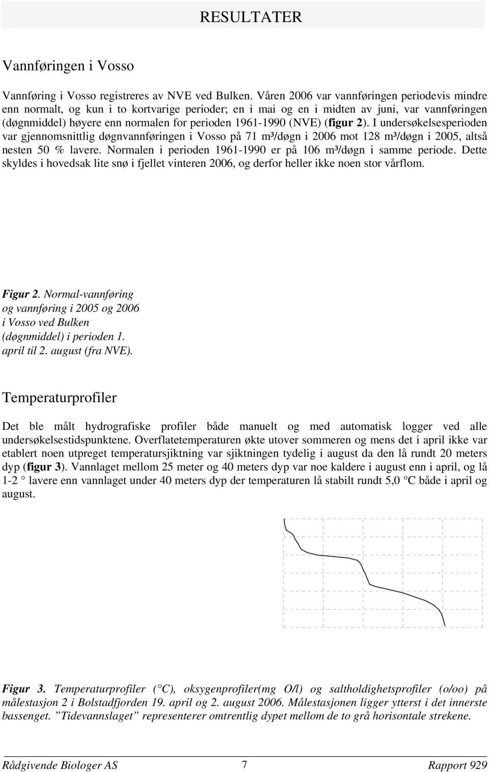 (NVE) (figur 2). I undersøkelsesperioden var gjennomsnittlig døgnvannføringen i Vosso på 71 m³/døgn i 2006 mot 128 m³/døgn i 2005 altså nesten 50 % lavere.