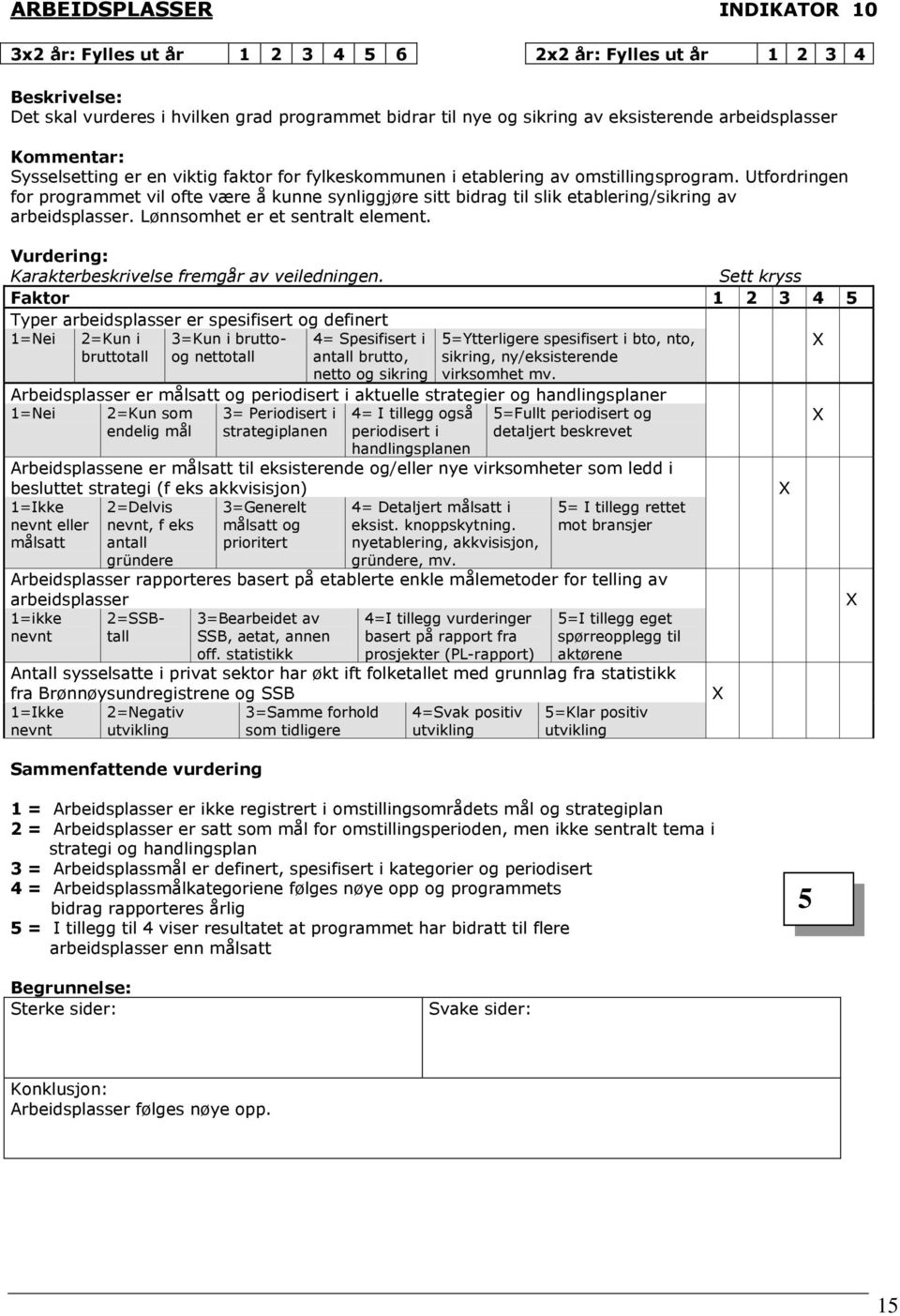 Faktor 1 2 3 4 5 Typer arbeidsplasser er spesifisert og definert 2=Kun i bruttotall 3=Kun i bruttoog nettotall 4= Spesifisert i antall brutto, netto og sikring 5=Ytterligere spesifisert i bto, nto,