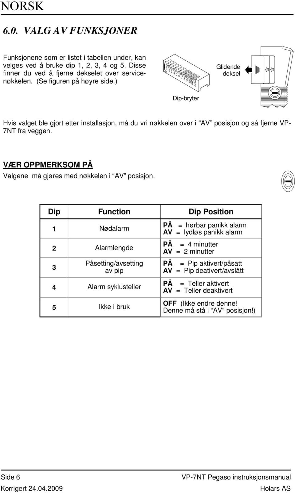 VÆR OPPMERKSOM Valgene må gjøres med nøkkelen i posisjon.