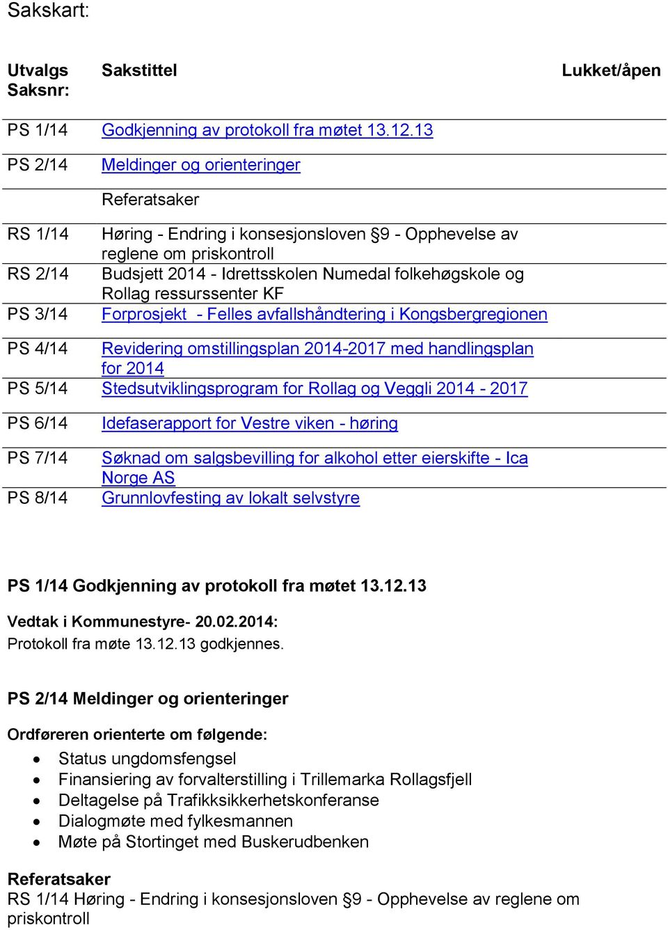 folkehøgskole og Rollag ressurssenter KF Forprosjekt - Felles avfallshåndtering i Kongsbergregionen PS 4/14 Revidering omstillingsplan 2014-2017 med handlingsplan for 2014 PS 5/14