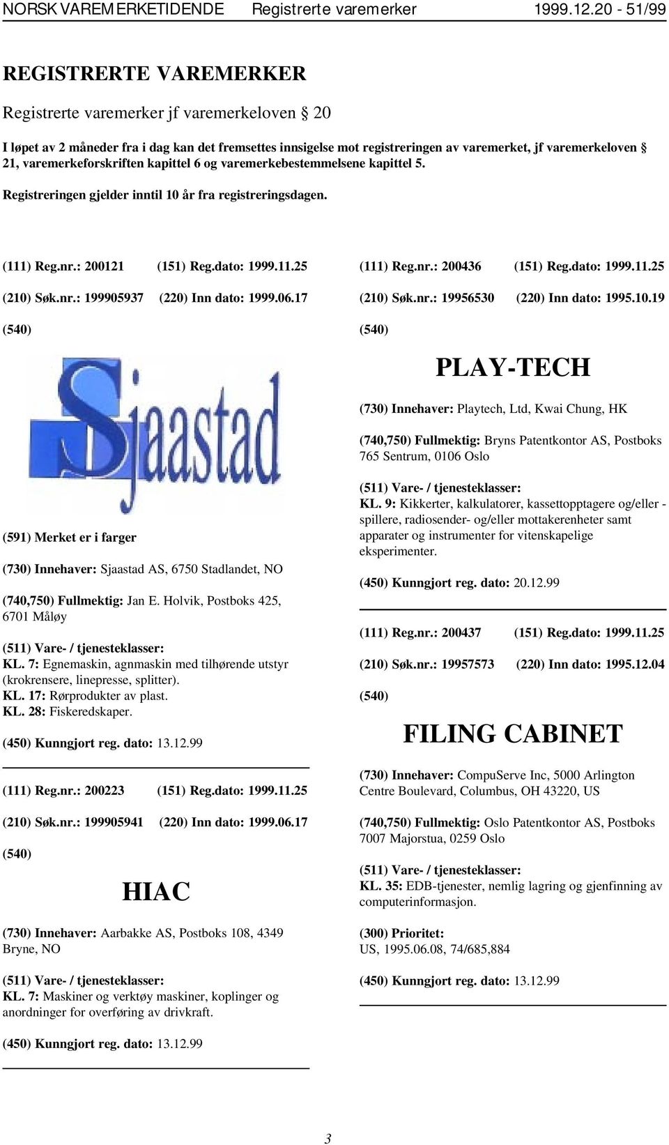 varemerkeforskriften kapittel 6 og varemerkebestemmelsene kapittel 5. Registreringen gjelder inntil 10 år fra registreringsdagen. (111) Reg.nr.: 200121 (151) Reg.dato: 1999.11.25 (210) Søk.nr.: 199905937 (220) Inn dato: 1999.