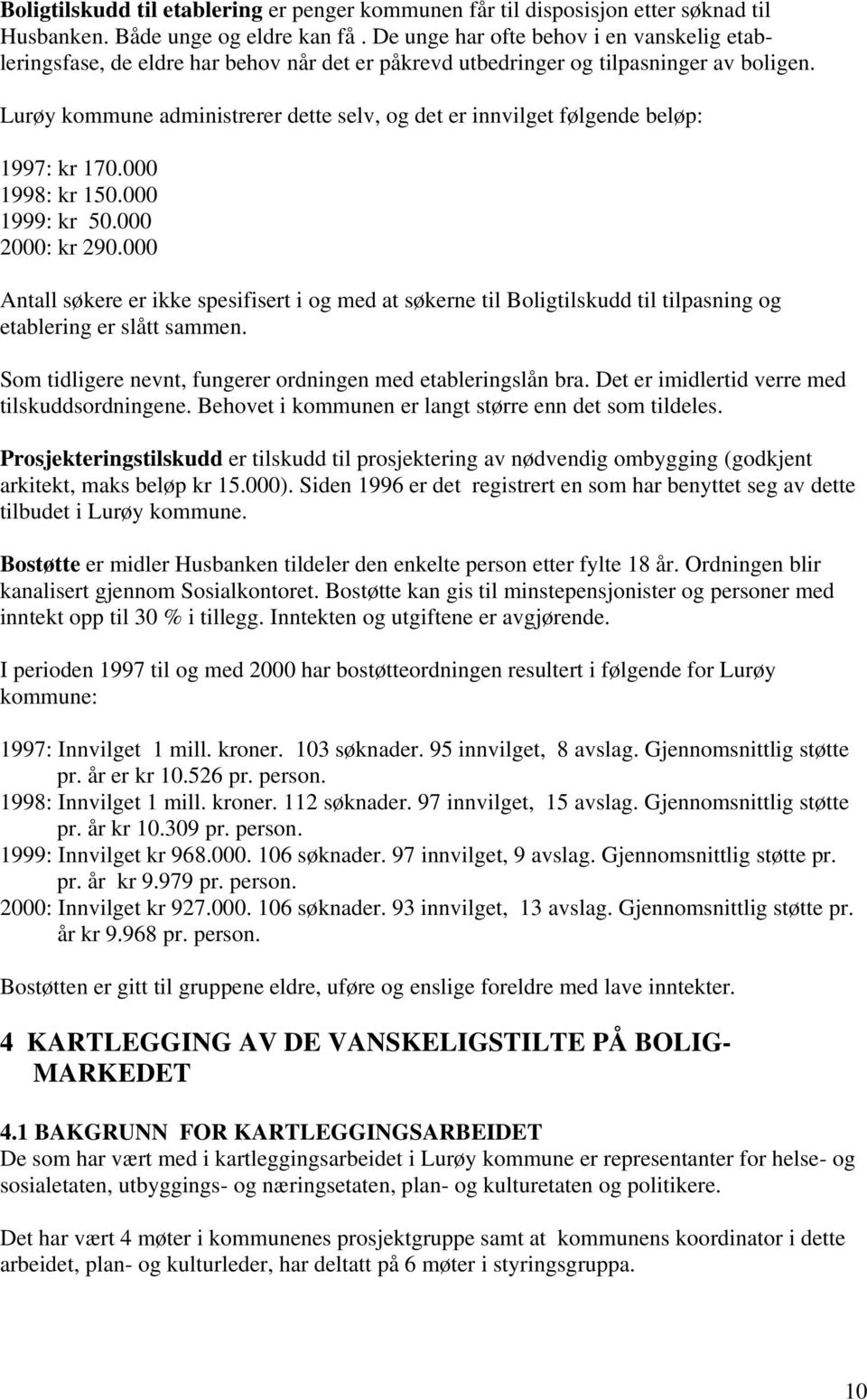 Lurøy kommune administrerer dette selv, og det er innvilget følgende beløp: 1997: kr 170.000 1998: kr 150.000 1999: kr 50.000 2000: kr 290.