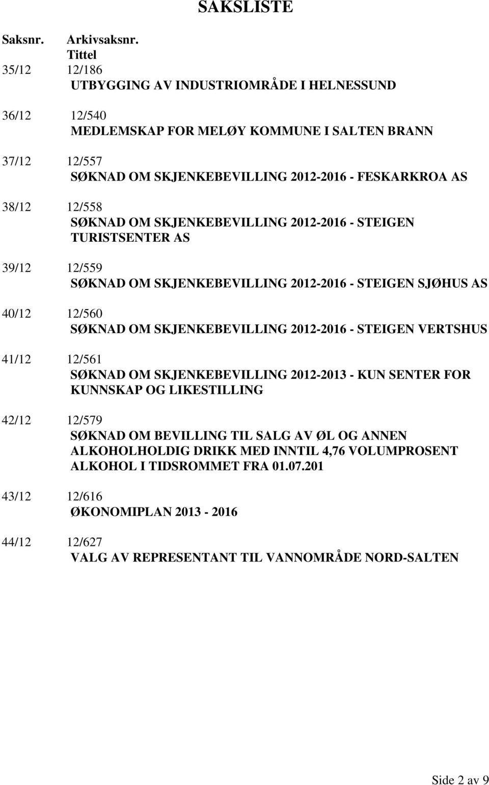 12/558 SØKNAD OM SKJENKEBEVILLING 2012-2016 - STEIGEN TURISTSENTER AS 39/12 12/559 SØKNAD OM SKJENKEBEVILLING 2012-2016 - STEIGEN SJØHUS AS 40/12 12/560 SØKNAD OM SKJENKEBEVILLING 2012-2016 -