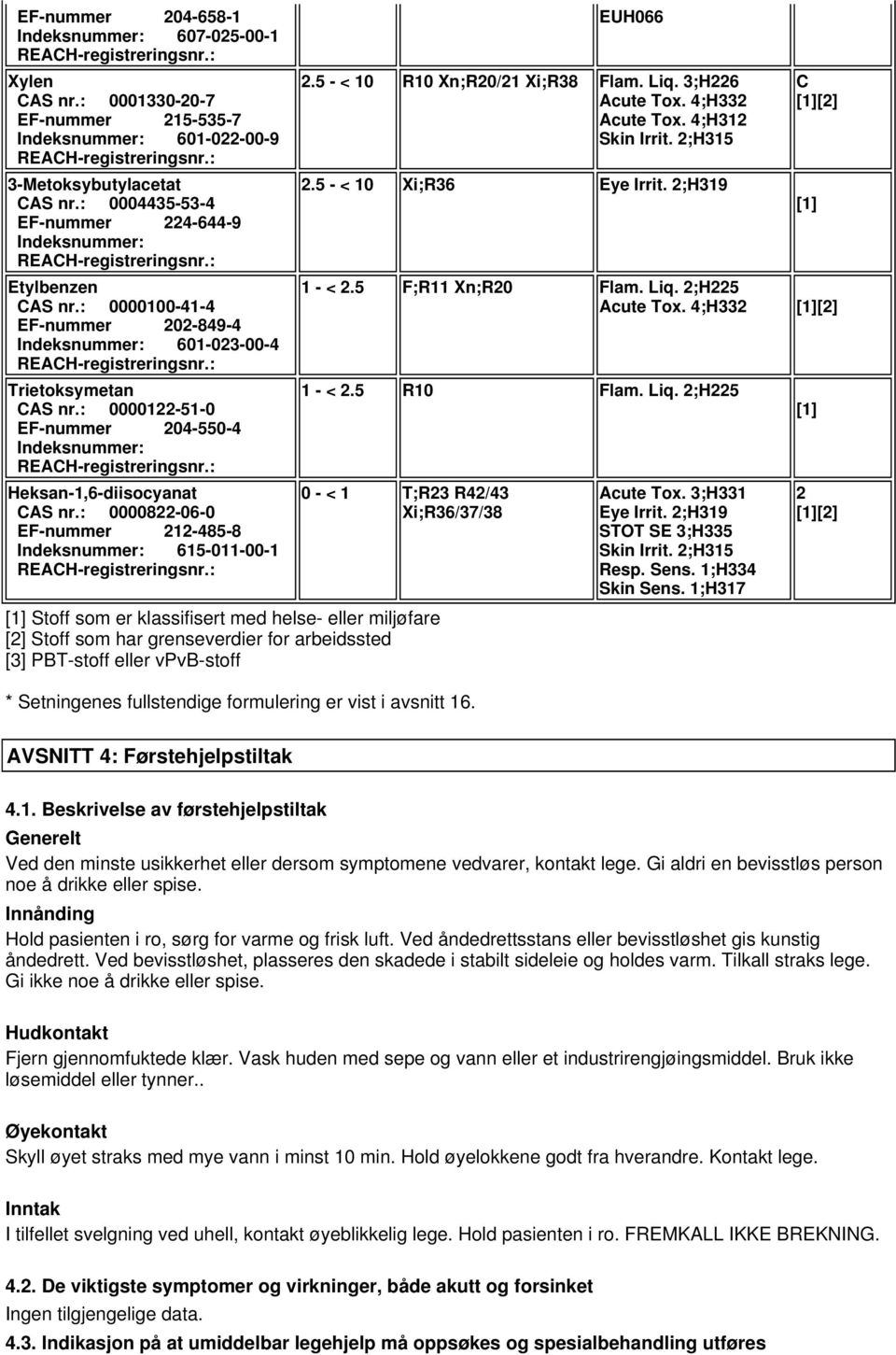 : 0000122-51-0 EF-nummer 204-550-4 Indeksnummer: REACH-registreringsnr.: Heksan-1,6-diisocyanat CAS nr.: 0000822-06-0 EF-nummer 212-485-8 Indeksnummer: 615-011-00-1 REACH-registreringsnr.: EUH066 2.