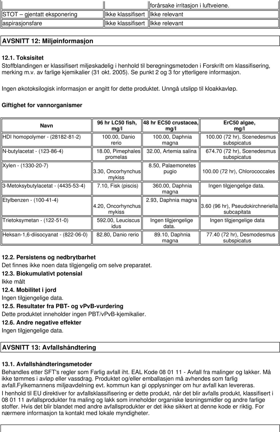 Se punkt 2 og 3 for ytterligere informasjon. økotoksilogisk informasjon er angitt for dette produktet. Unngå utslipp til kloakkavløp.