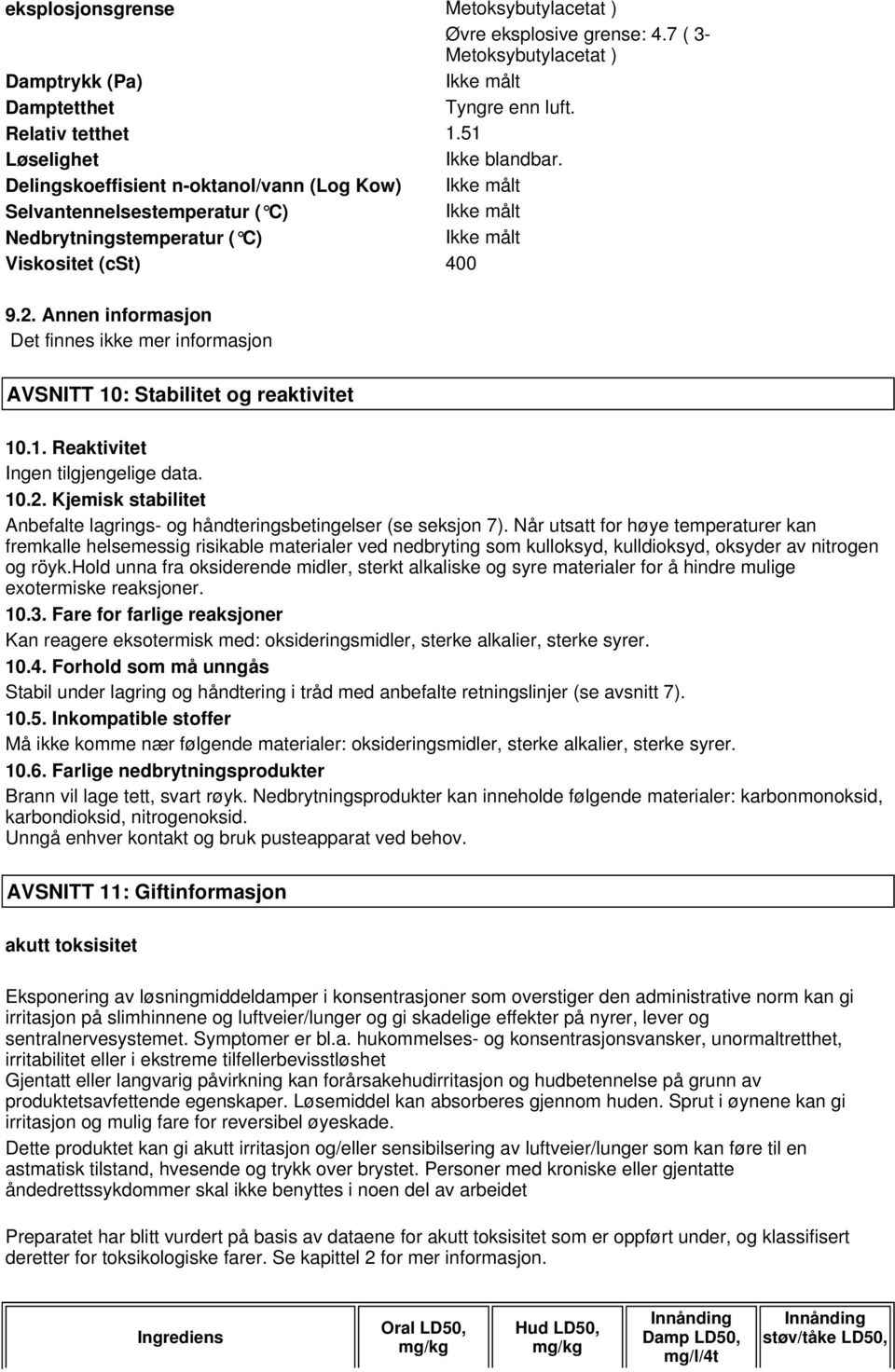 Annen informasjon Det finnes ikke mer informasjon AVSNITT 10: Stabilitet og reaktivitet 10.1. Reaktivitet 10.2. Kjemisk stabilitet Anbefalte lagrings- og håndteringsbetingelser (se seksjon 7).