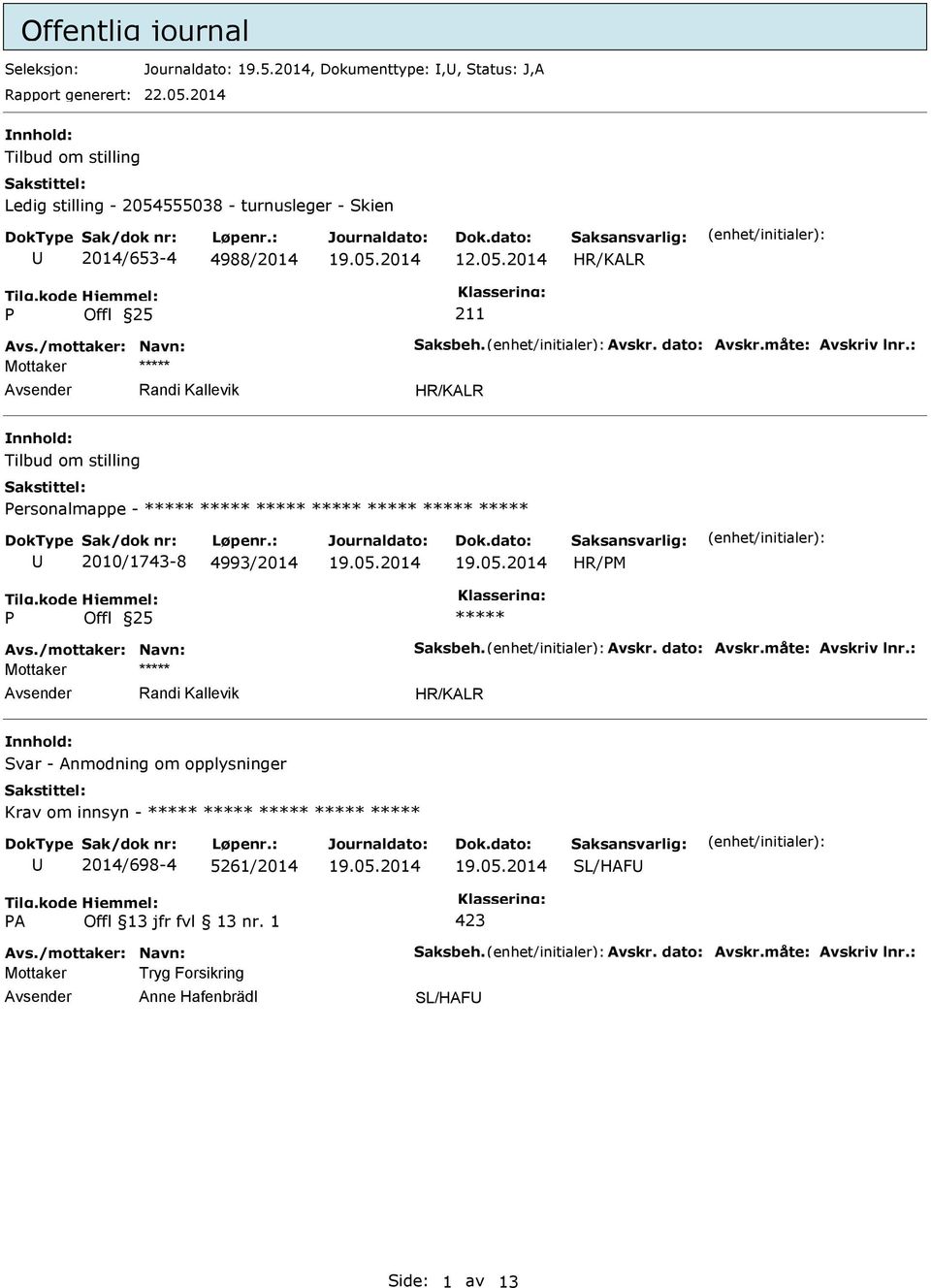 måte: Avskriv lnr.: ersonalmappe - 2010/1743-8 4993/2014 HR/M Avs./mottaker: Navn: Saksbeh. Avskr. dato: Avskr.måte: Avskriv lnr.: Svar - Anmodning om opplysninger Krav om innsyn - 2014/698-4 5261/2014 SL/HAF Avs.