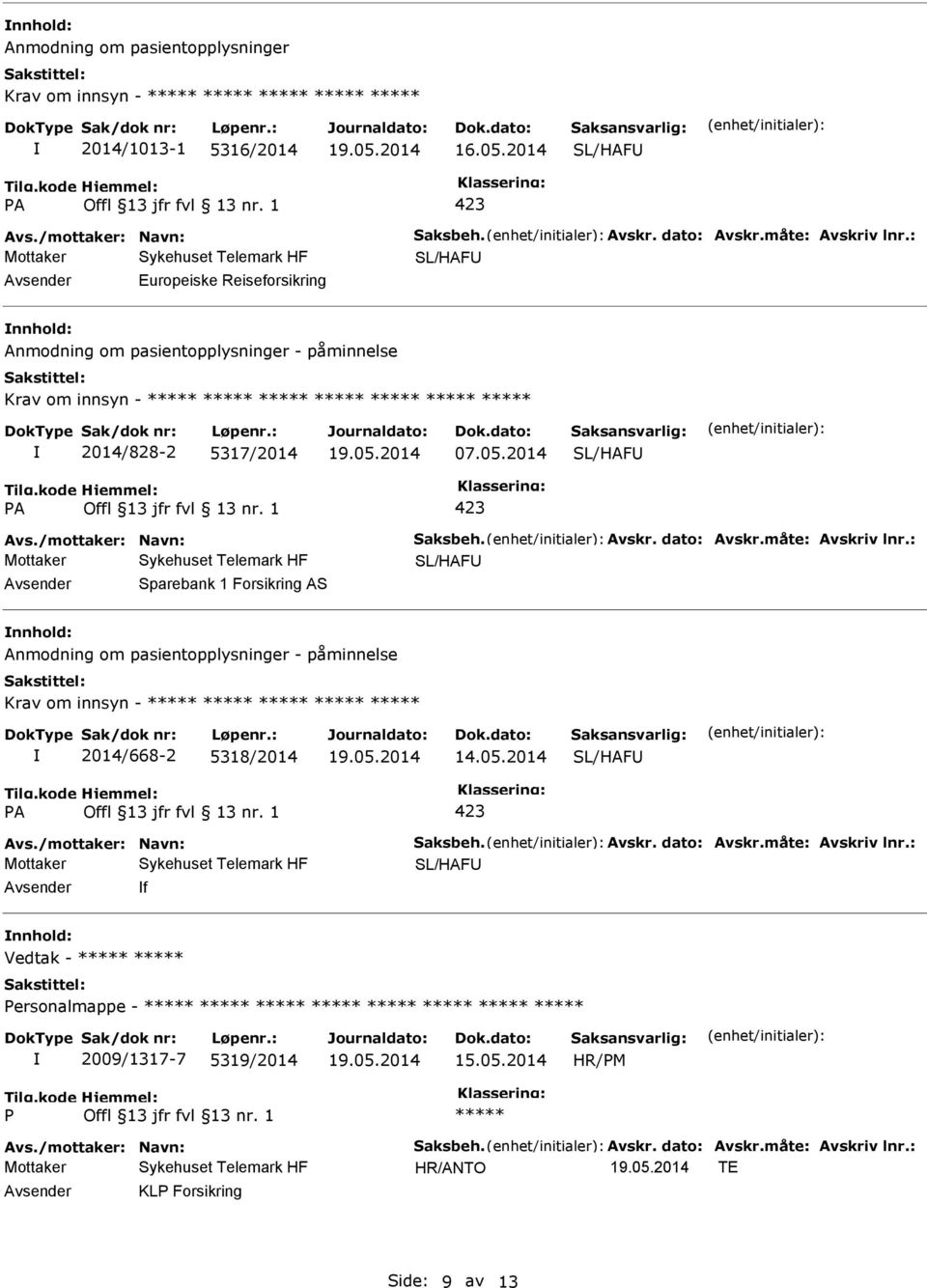 dato: Avskr.måte: Avskriv lnr.: SL/HAF Sparebank 1 Forsikring AS Anmodning om pasientopplysninger - påminnelse Krav om innsyn - 2014/668-2 5318/2014 SL/HAF Avs.