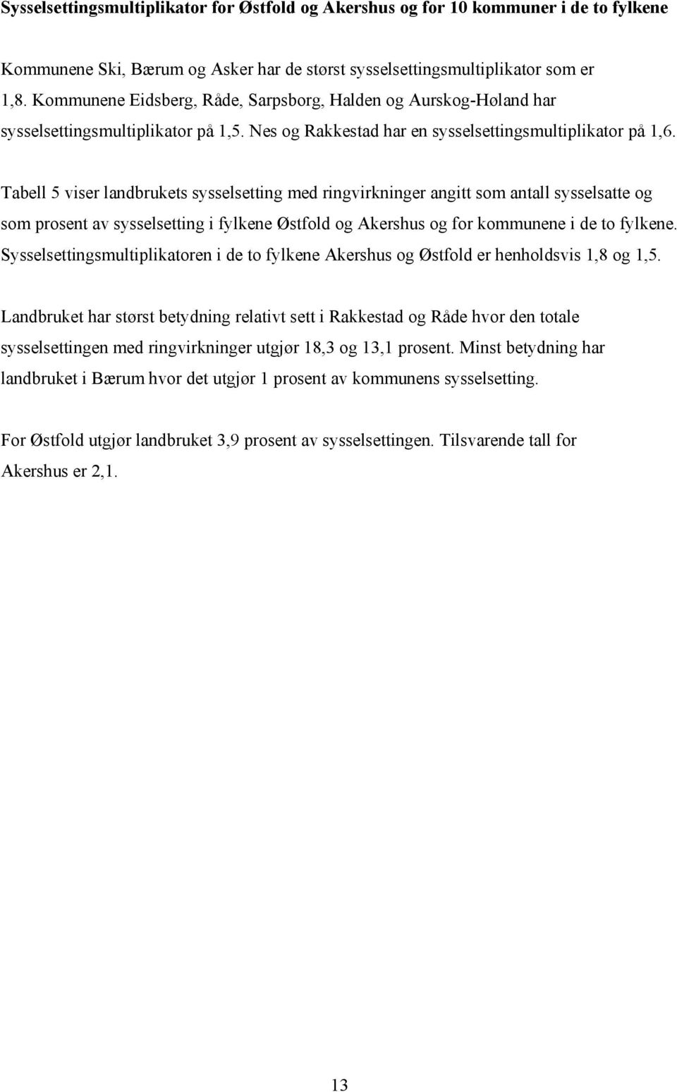 Tabell 5 viser landbrukets sysselsetting med ringvirkninger angitt som antall sysselsatte og som prosent av sysselsetting i fylkene Østfold og Akershus og for kommunene i de to fylkene.