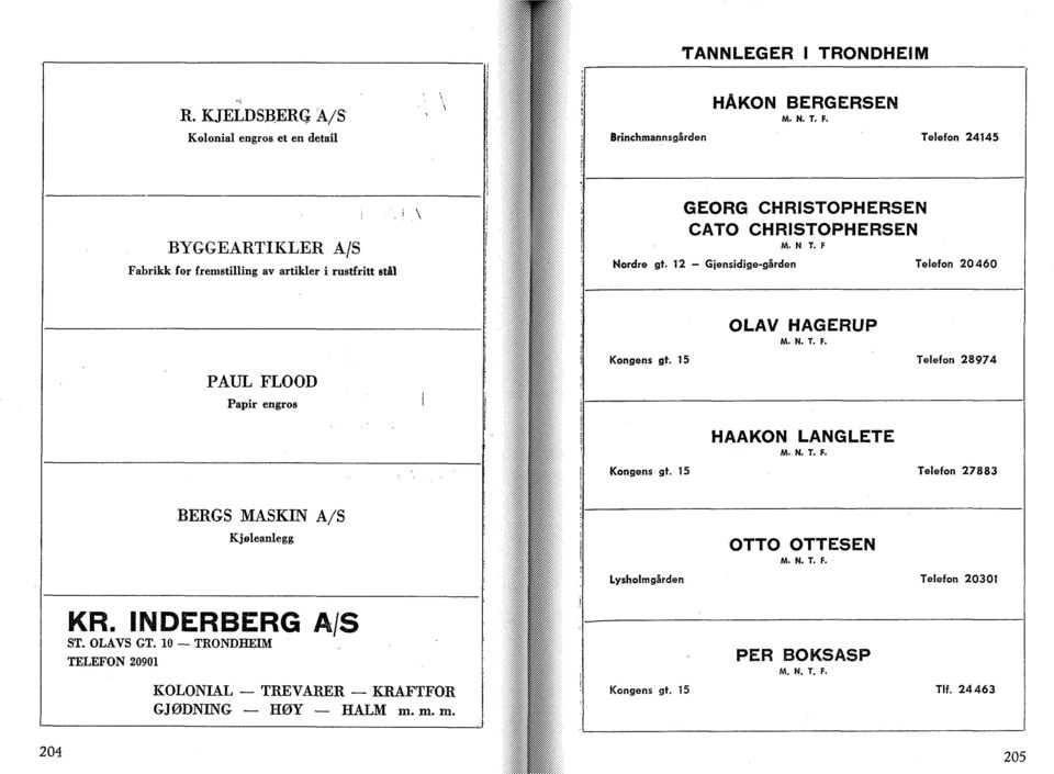 12 Gjensidige-gården Telefon 20460 OLAV HAGERUP M. N. T. F. PAUL FLOOD Papir engros Kongens gt 15 Telefon 28974 HAAKON LANGLETE M. K. T. F. Kongens gt. 15 Telefon 27883 RERGS MASKIN A/S Kjøleanlegg KR.