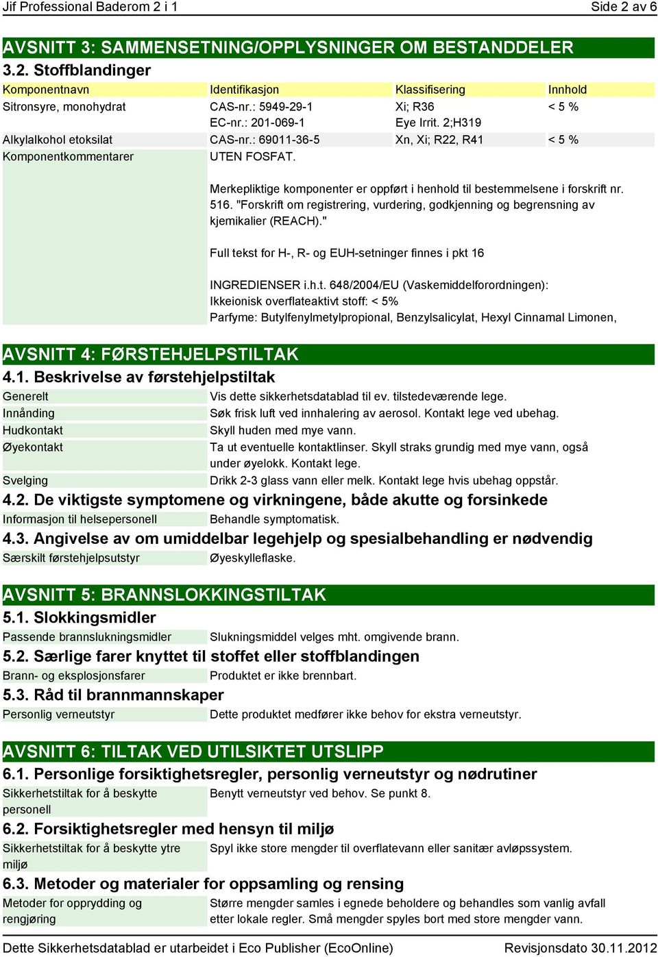 Merkepliktige komponenter er oppført i henhold til bestemmelsene i forskrift nr. 516. "Forskrift om registrering, vurdering, godkjenning og begrensning av kjemikalier (REACH).