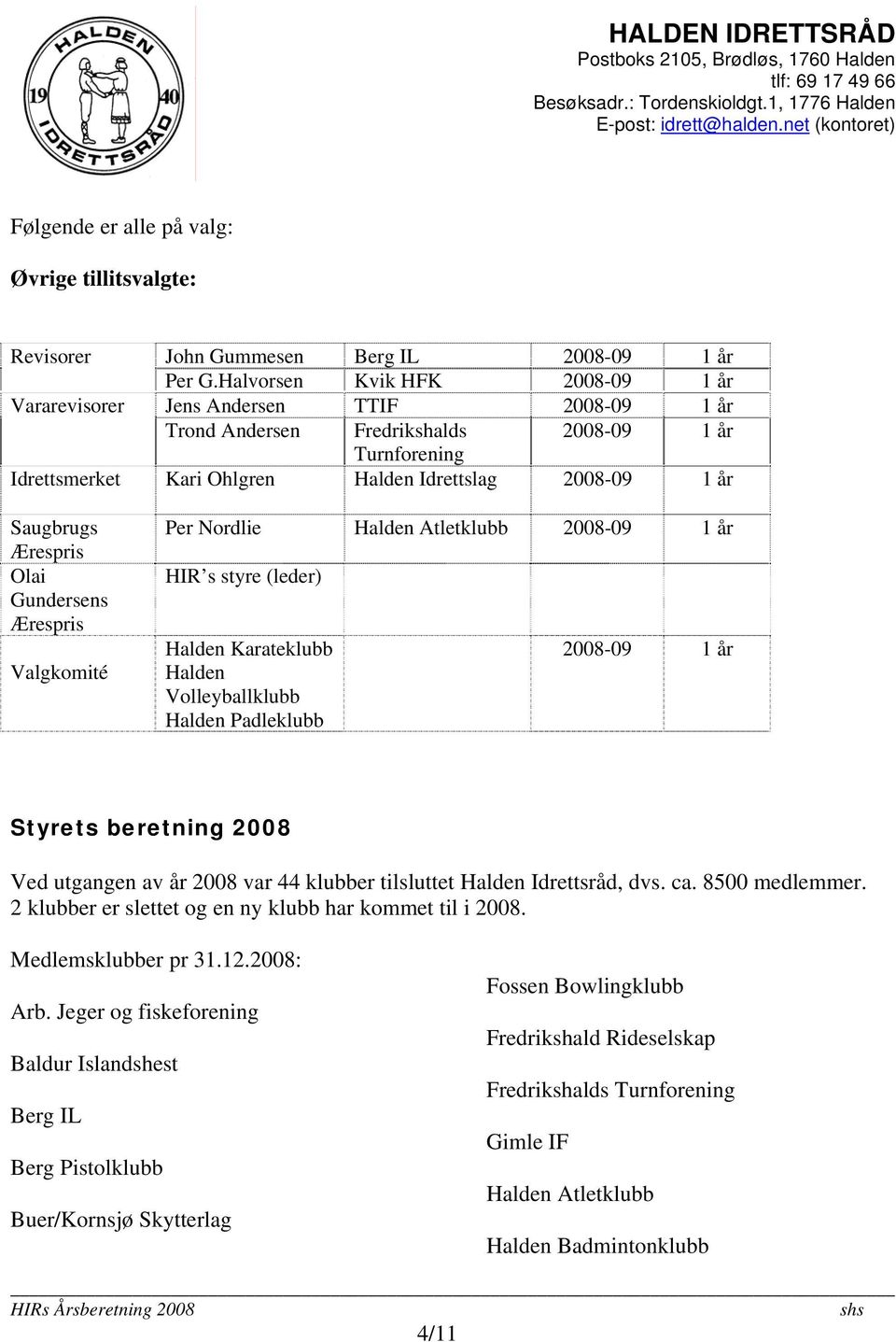 Saugbrugs Ærespris Olai Gundersens Ærespris Valgkomité Per Nordlie Halden Atletklubb 2008-09 1 år HIR s styre (leder) Halden Karateklubb Halden Volleyballklubb Halden Padleklubb 2008-09 1 år Styrets