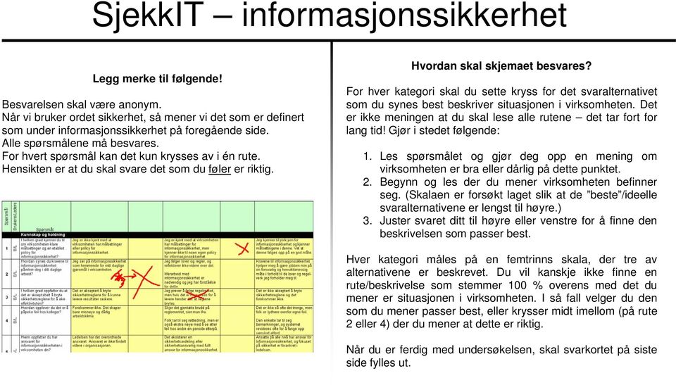 For hver kategori skal du sette kryss for det svaralternativet som du synes best beskriver situasjonen i virksomheten. Det er ikke meningen at du skal lese alle rutene det tar fort for lang tid!