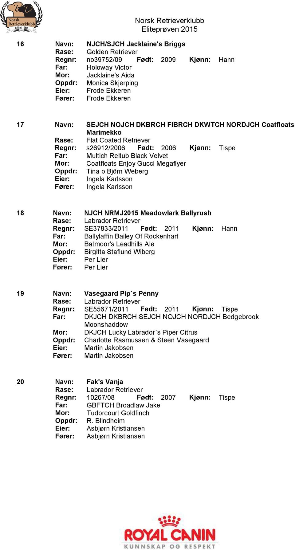 Oppdr: Tina o Björn Weberg Eier: Ingela Karlsson Fører: Ingela Karlsson 18 Navn: NJCH NRMJ2015 Meadowlark Ballyrush Regnr: SE37833/2011 Født: 2011 Kjønn: Hann Far: Ballylaffin Bailey Of Rockenhart