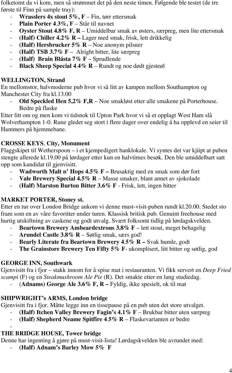 2% R Lager med smak, frisk, lett drikkelig - (Half) Hersbrucker 5% R Noe anonym pilsner - (Half) TSB 3.7% F Alright bitter, lite særpreg - (Half) Brain Blásta 7% F Sprudlende - Black Sheep Special 4.