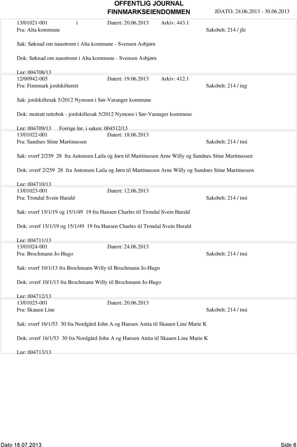 1 Fra: Finnmark jordskifterett Saksbeh: 214 / ing Sak: jordskiftesak 5/2012 Nymoen i Sør-Varanger kommune Dok: mottatt rettsbok - jordskiftesak 5/2012 Nymoen i Sør-Varanger kommune Lnr: 004709/13