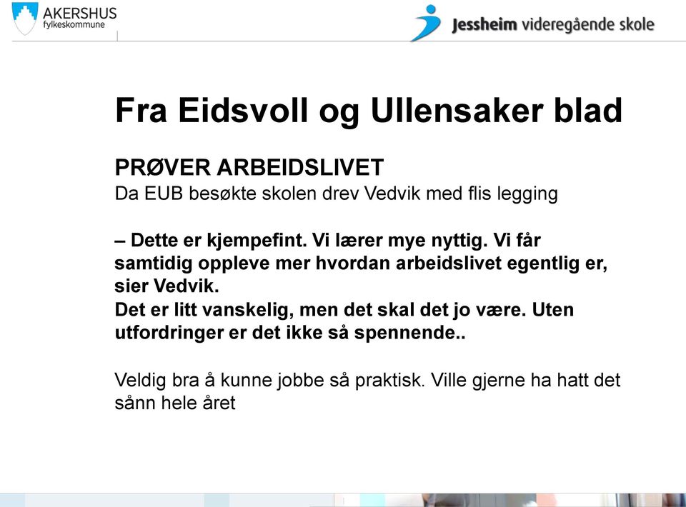 Vi får samtidig oppleve mer hvordan arbeidslivet egentlig er, sier Vedvik.