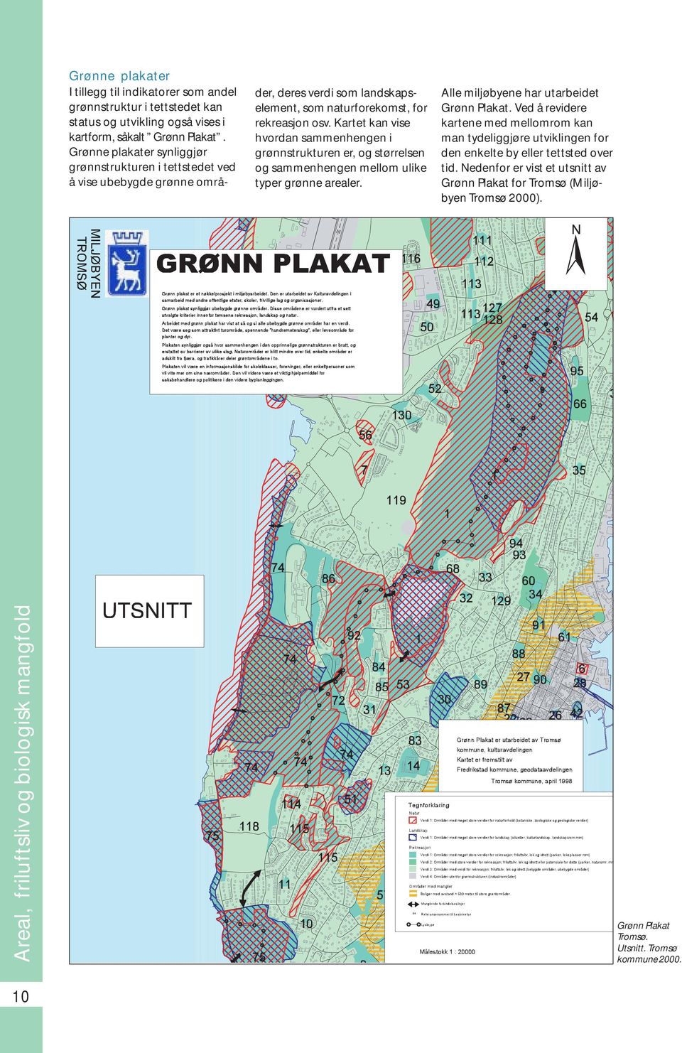 Kartet kan vise hvordan sammenhengen i grønnstrukturen er, og størrelsen og sammenhengen mellom ulike typer grønne arealer. Alle miljøbyene har utarbeidet Grønn Plakat.