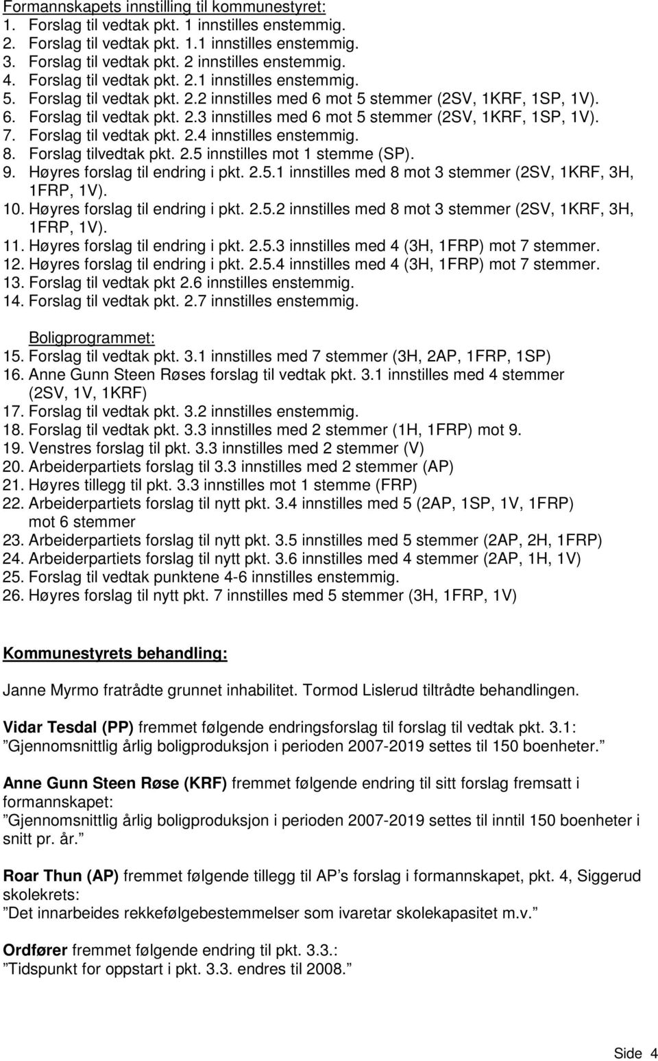 7. Forslag til vedtak pkt. 2.4 innstilles enstemmig. 8. Forslag tilvedtak pkt. 2.5 innstilles mot 1 stemme (SP). 9. Høyres forslag til endring i pkt. 2.5.1 innstilles med 8 mot 3 stemmer (2SV, 1KRF, 3H, 1FRP, 1V).