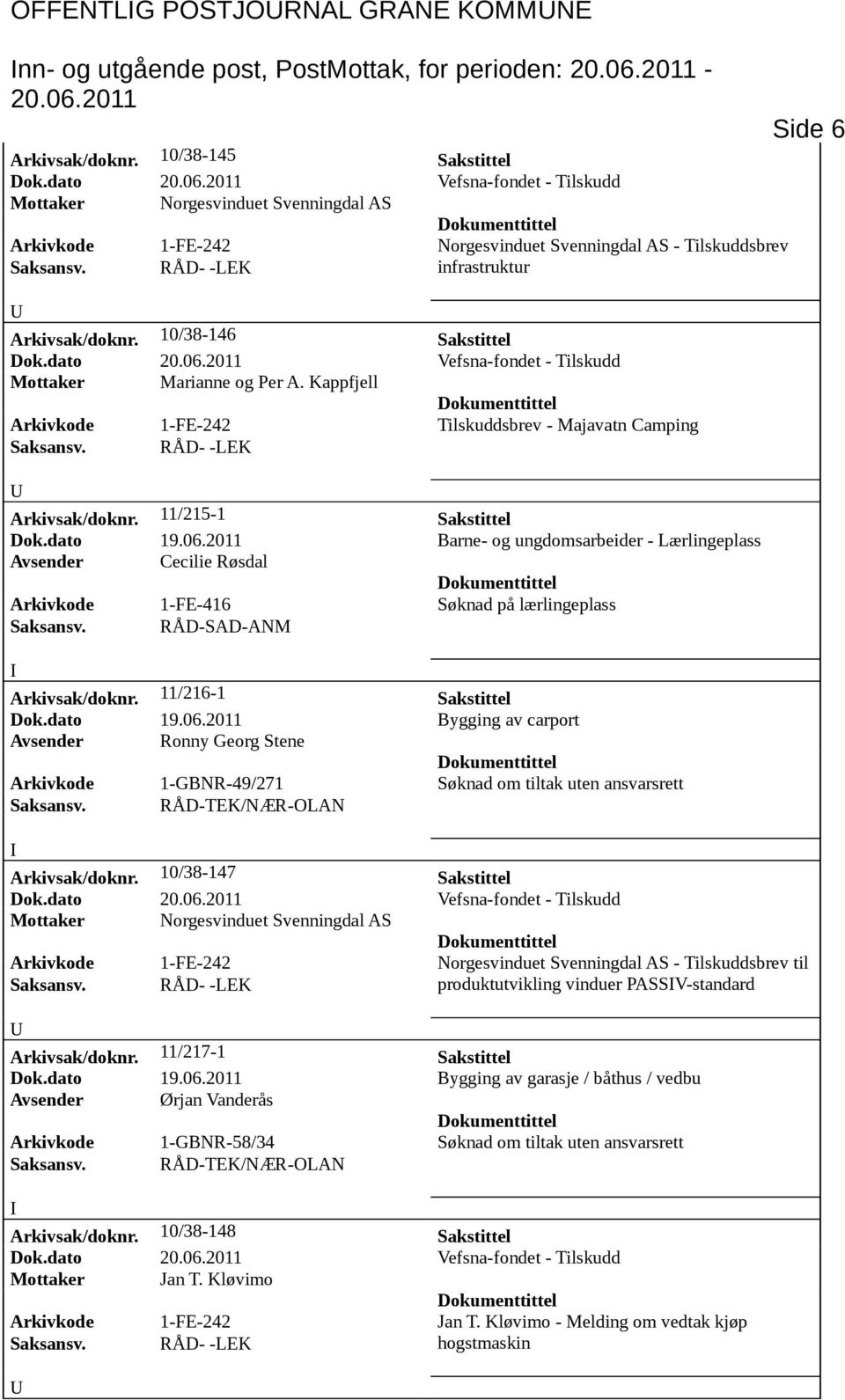 10/38-146 Sakstittel Mottaker Marianne og Per A. Kappfjell Arkivkode 1-FE-242 Tilskuddsbrev - Majavatn Camping Arkivsak/doknr. 11/215-1 Sakstittel Dok.dato 19.06.