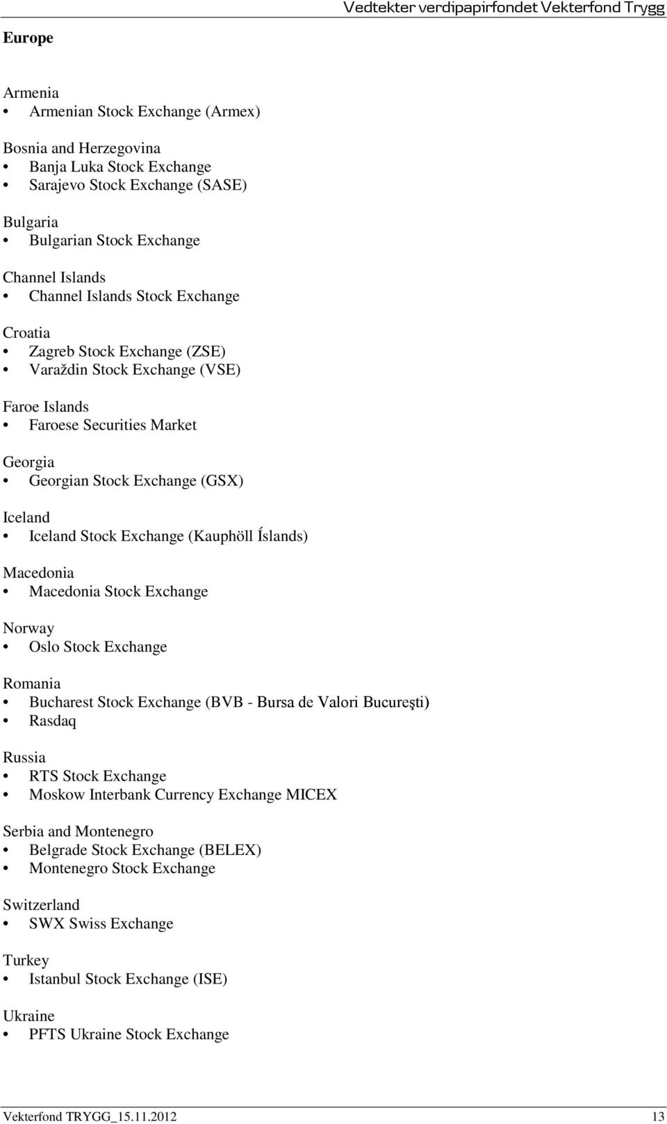 Íslands) Macedonia Macedonia Stock Exchange Norway Oslo Stock Exchange Romania Bucharest Stock Exchange (BVB - Bursa de Valori Bucureşti) Rasdaq Russia RTS Stock Exchange Moskow Interbank Currency