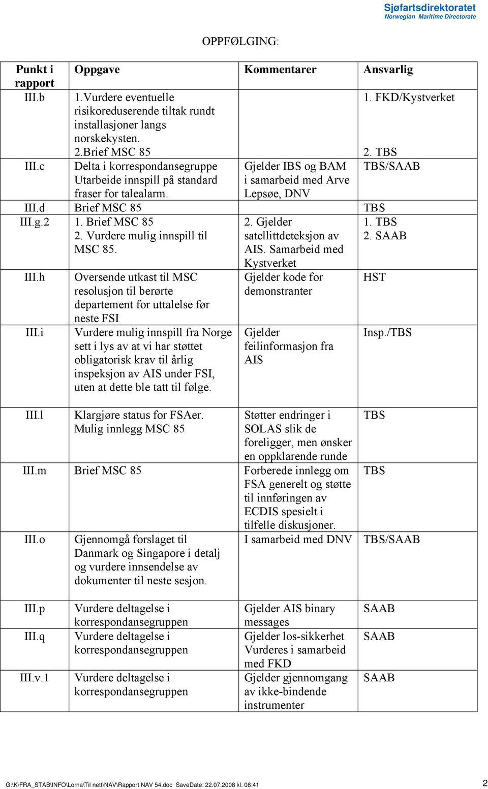 Vurdere mulig innspill til MSC 85. 2. Gjelder satellittdeteksjon av AIS. Samarbeid med III.h III.