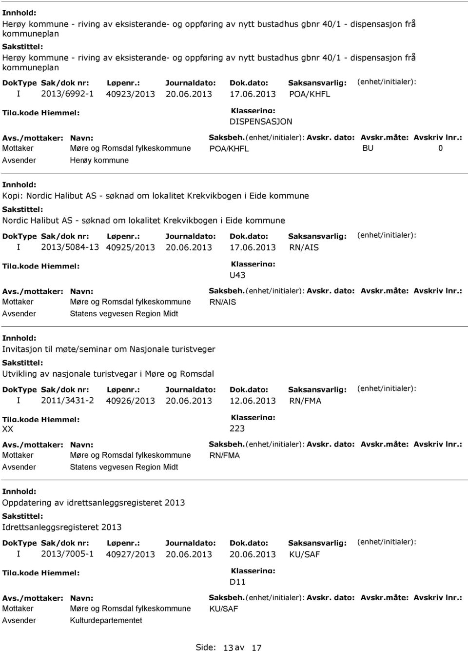 : Mottaker Møre og Romsdal fylkeskommune POA/KHFL BU 0 Avsender Herøy kommune nnhold: Kopi: Nordic Halibut AS - søknad om lokalitet Krekvikbogen i Eide kommune Nordic Halibut AS - søknad om lokalitet