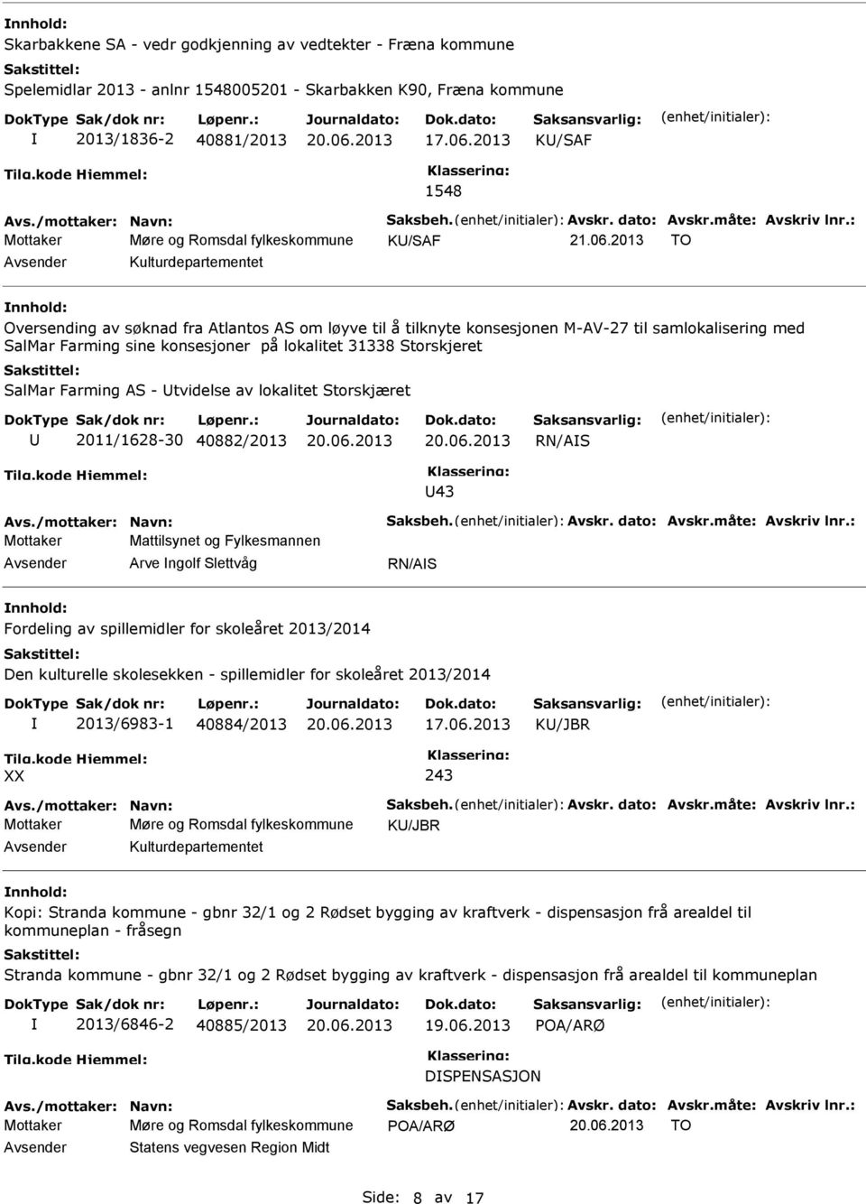 2013 TO Avsender Kulturdepartementet nnhold: Oversending av søknad fra Atlantos AS om løyve til å tilknyte konsesjonen M-AV-27 til samlokalisering med SalMar Farming sine konsesjoner på lokalitet