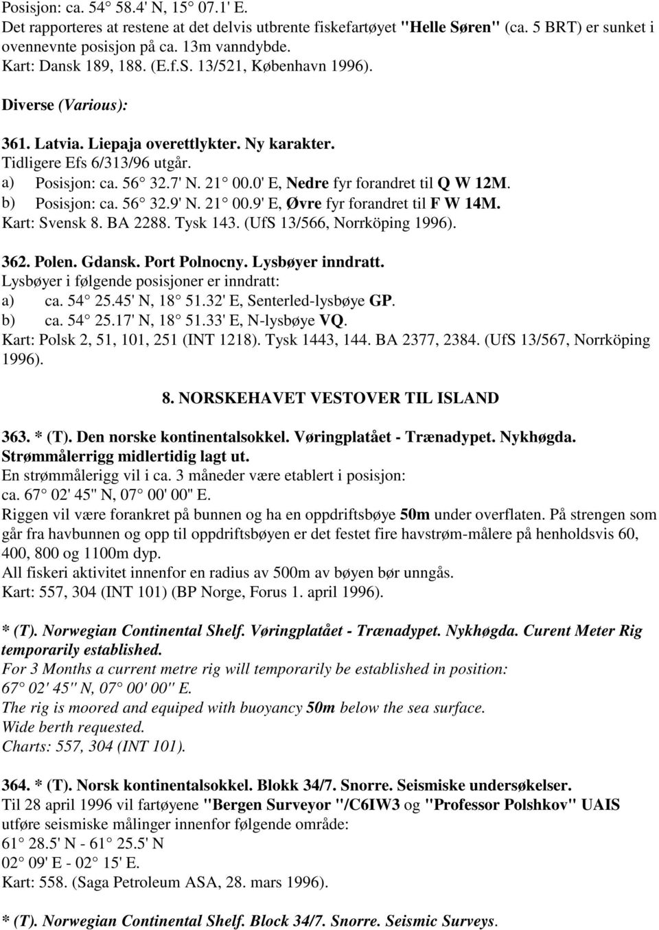 0' E, Nedre fyr forandret til Q W 12M. b) Posisjon: ca. 56 32.9' N. 21 00.9' E, Øvre fyr forandret til F W 14M. Kart: Svensk 8. BA 2288. Tysk 143. (UfS 13/566, Norrköping 1996). 362. Polen. Gdansk.