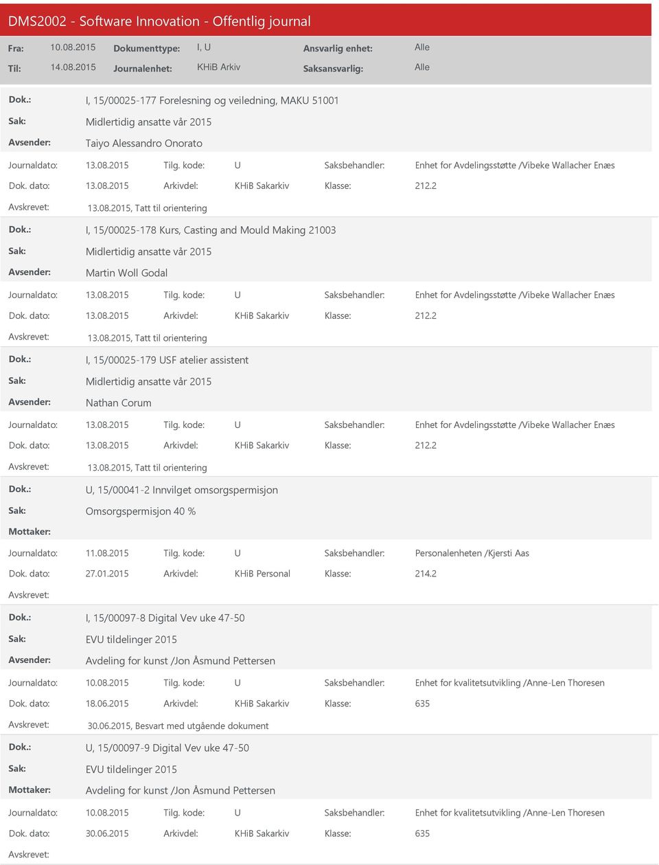 2 I, 15/00097-8 Digital Vev uke 47-50 EV tildelinger 2015 Avdeling for kunst /Jon Åsmund Pettersen Enhet for kvalitetsutvikling /Anne-Len Thoresen Dok. dato: 18.06.