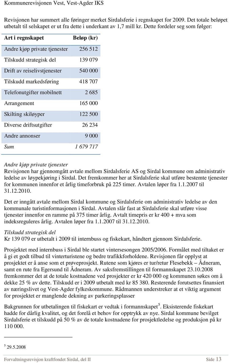 Telefonutgifter mobilnett 2 685 Arrangement 165 000 Skilting skiløyper 122 500 Diverse driftsutgifter 26 234 Andre annonser 9 000 Sum 1 679 717 Andre kjøp private tjenester Revisjonen har gjennomgått
