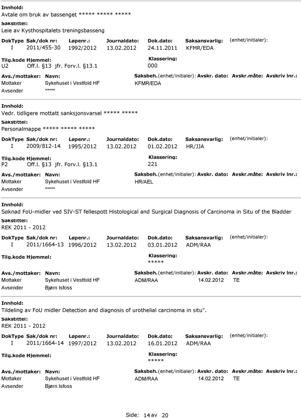 : HR/AEL Søknad Fo-midler ved SV-ST fellespott Histological and Surgical Diagnosis of Carcinoma in Situ of the Bladder REK 2011-2012 2011/1664-13 1996/2012 03.01.2012 ADM/RAA Avs.