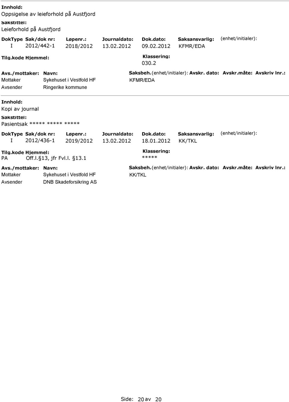 : KFMR/EDA Ringerike kommune Kopi av journal Pasientsak 2012/436-1 2019/2012 18.01.2012 KK/TKL Avs.