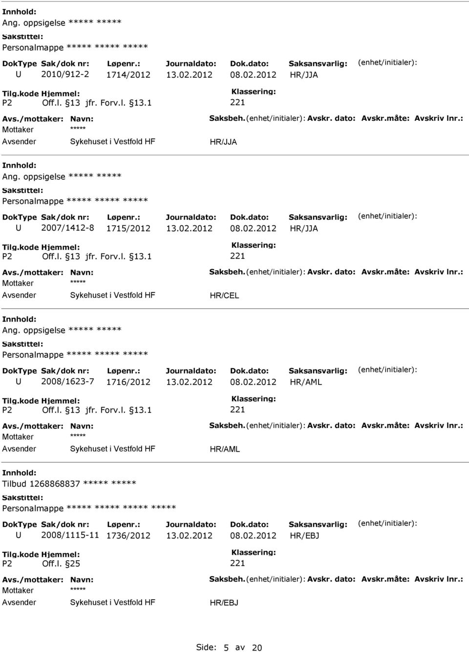 : HR/CEL Ang. oppsigelse Personalmappe 2008/1623-7 1716/2012 Avs./mottaker: Navn: Saksbeh. Avskr. dato: Avskr.