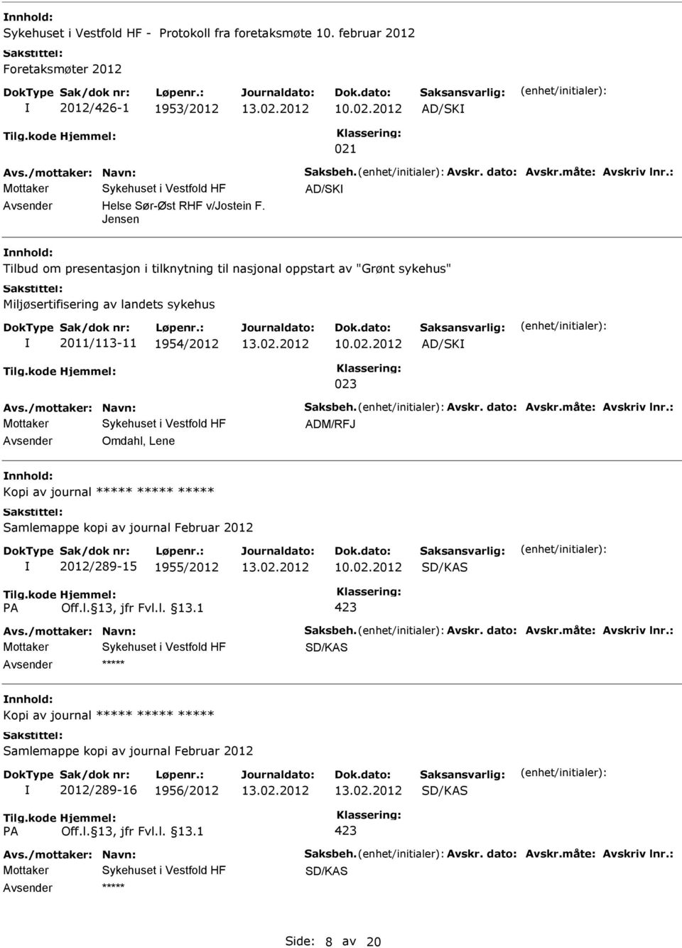 /mottaker: Navn: Saksbeh. Avskr. dato: Avskr.måte: Avskriv lnr.: ADM/RFJ Omdahl, Lene Kopi av journal Samlemappe kopi av journal Februar 2012 2012/289-15 1955/2012 SD/KAS 423 Avs.